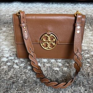 Tory Burch Tan Leather Shoulder Bag with Gold Emblem